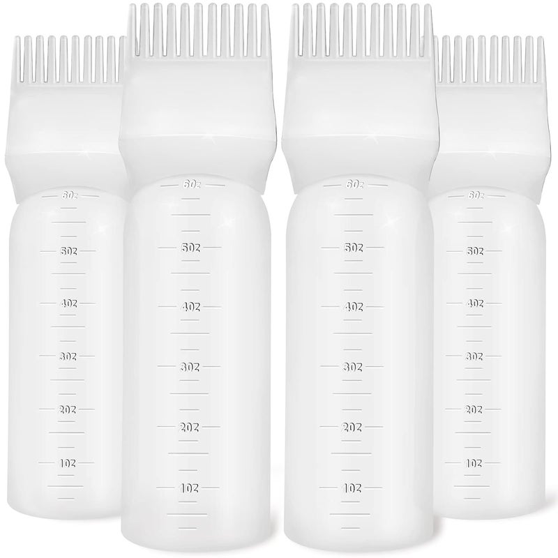ONLYFU 4Pcs Root Comb Applicator Bottle, 6 Ounce Hair Dye Bottles with Comb and Graduated Scale Plastic Hair Oil Brush for Hair Care and Color, White - Image 1